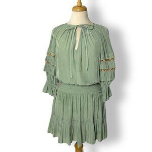 Ramy Brooke Randi Mini Dress Smocking Wooden Beads Ruffle Sz XS VNeck Tie Green